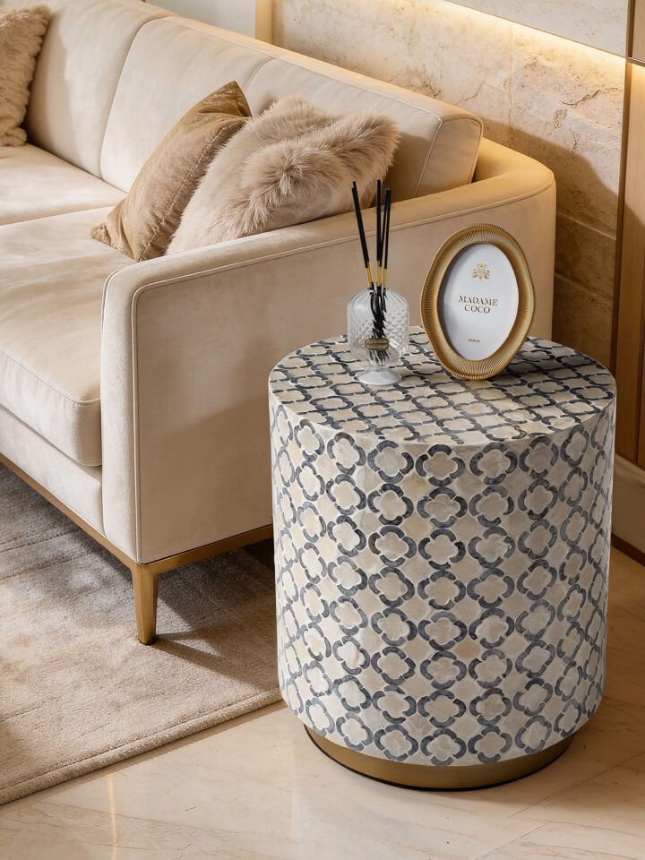 Zenya Doğal Kaplama Lüks El İşçiliği Yan Sehpa / Tabure 40x40 H:45