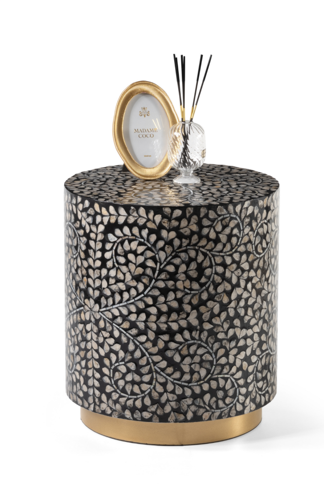 Solenne Beyaz Doğal Sedef Kaplama Lüks El İşçiliği Yan Sehpa / Tabure 40x40 H:45