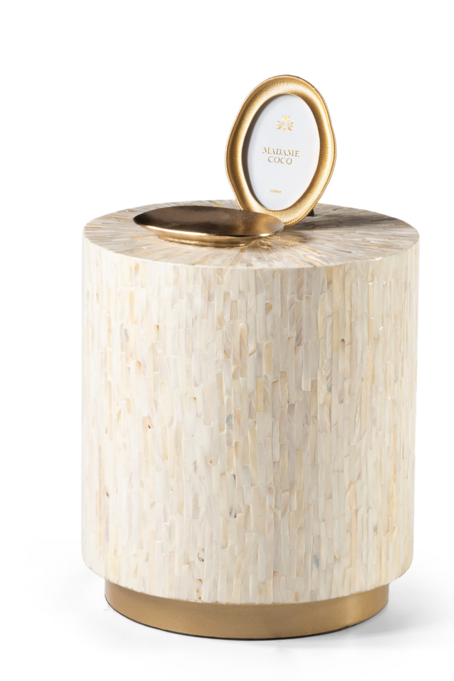 Solenne Beyaz Doğal Sedef Kaplama Lüks El İşçiliği Yan Sehpa / Tabure 40x40 H:45