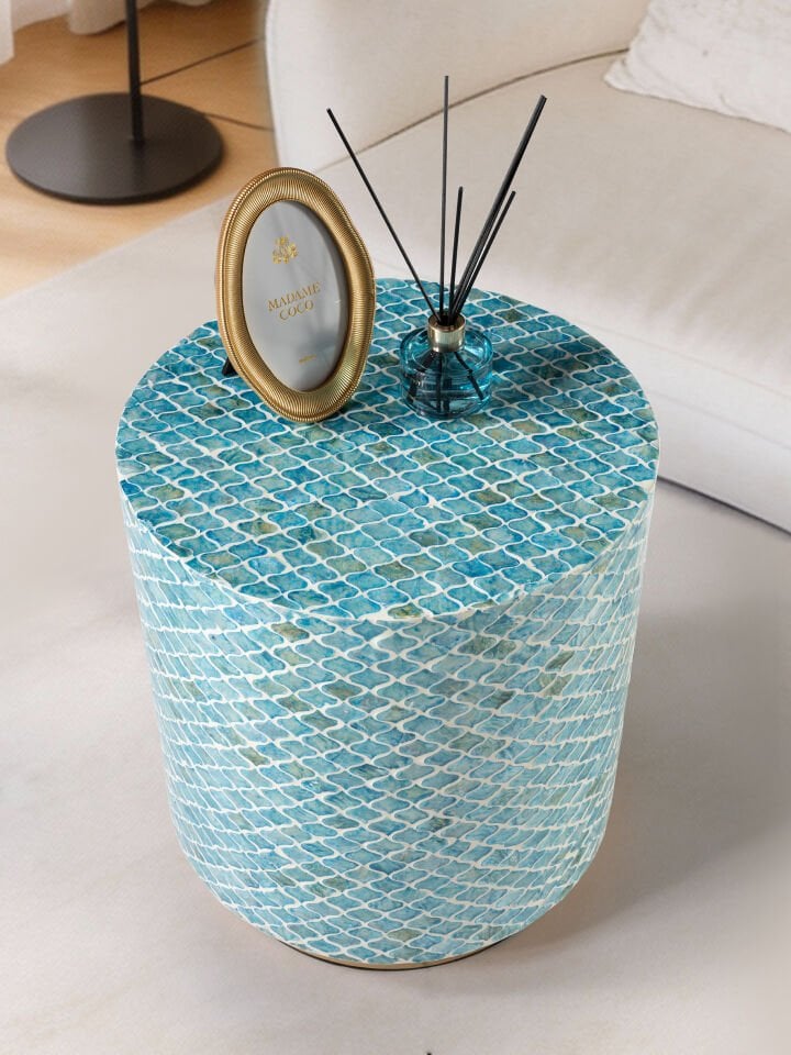 Maris Doğal Sedef Kaplama Lüks El İşçiliği Yan Sehpa / Tabure 40x40 H:45