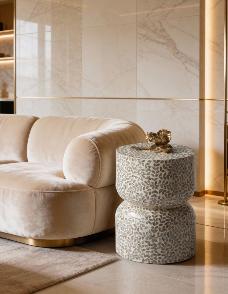 Lume Gri Sedef Kaplama El İşçliği Lüks Modern Yan Sehpa Tabure 35x35 H:40