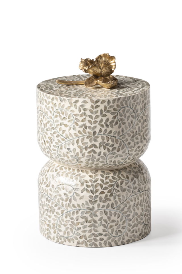 Lume Gri Sedefli El İşçliği Lüks Modern Yan Sehpa Tabure 35x35 H:40