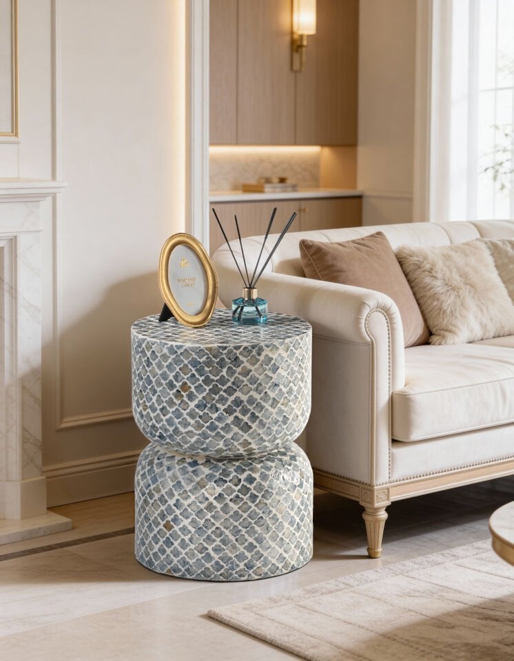 Lume Sedefli El İşçliği Lüks Modern Yan Sehpa Tabure 35x35 H:40