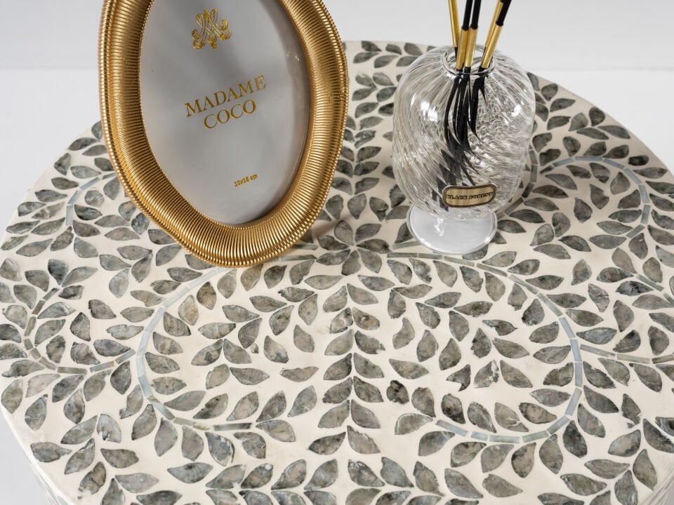 Evira Kaplama Lüks El İşçiliği Sedef Kaplama Yan Sehpa/Tabure 40x40 H:45