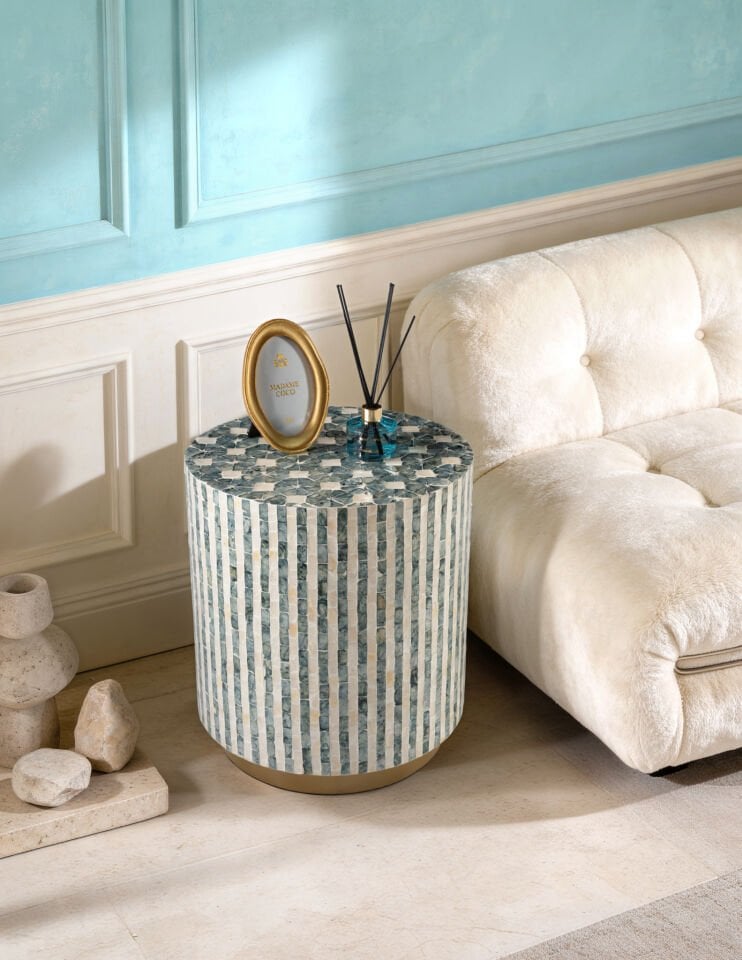 Liora Yan Sehpa/Tabure Sedef Kaplama El İşçiliği Organik Sedef 40x40 H:45