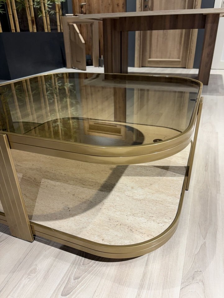 Valencia Orta Sehpa –Gold Eskitme Temperli Füme Cam & Metal Gövde Modern Tasarım 90×90 cm