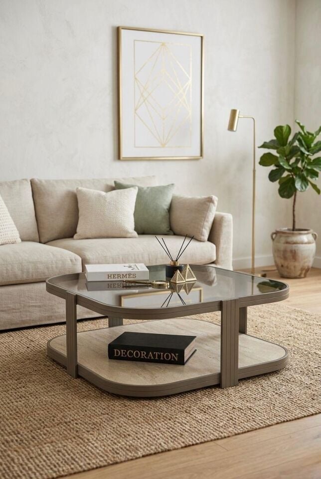 Valencia Orta Sehpa Temperli Füme Cam Modern Mobilya Cappuccino - Traverten