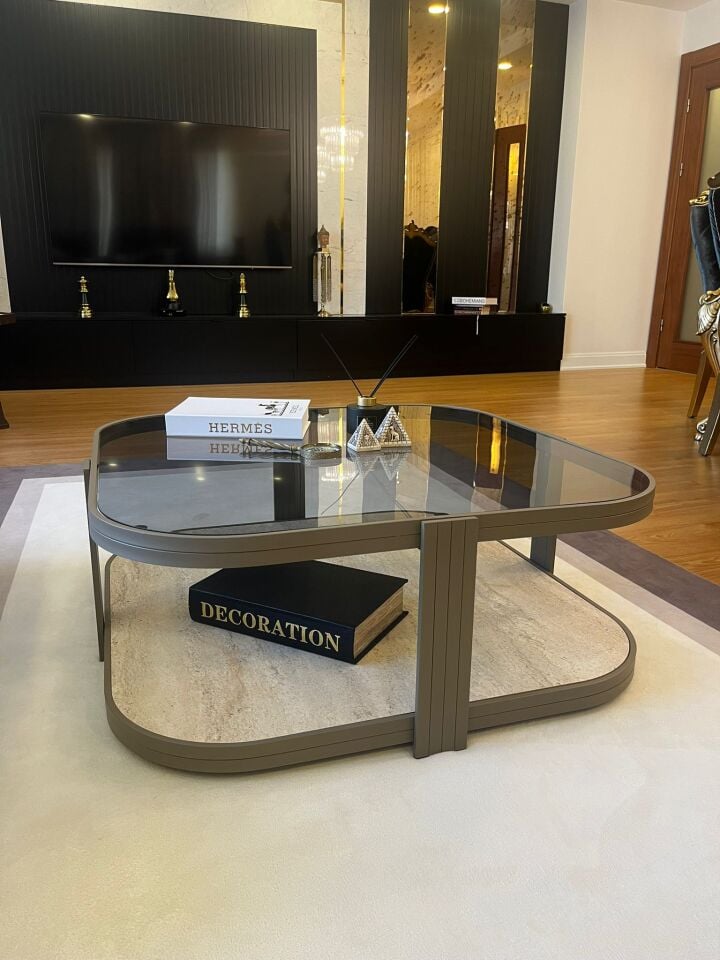 Valencia Orta Sehpa Temperli Füme Cam Modern Mobilya Cappuccino - Traverten