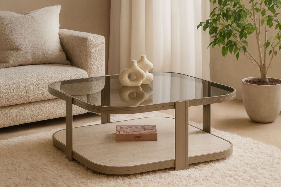 Valencia Orta Sehpa Temperli Füme Cam Modern Mobilya Cappuccino - Traverten