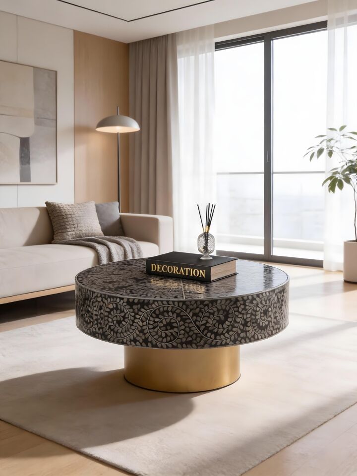 Solenne Siyah  Orta Sehpa Kaplama El işçiliği 90x90 H:45 Modern Mobilya