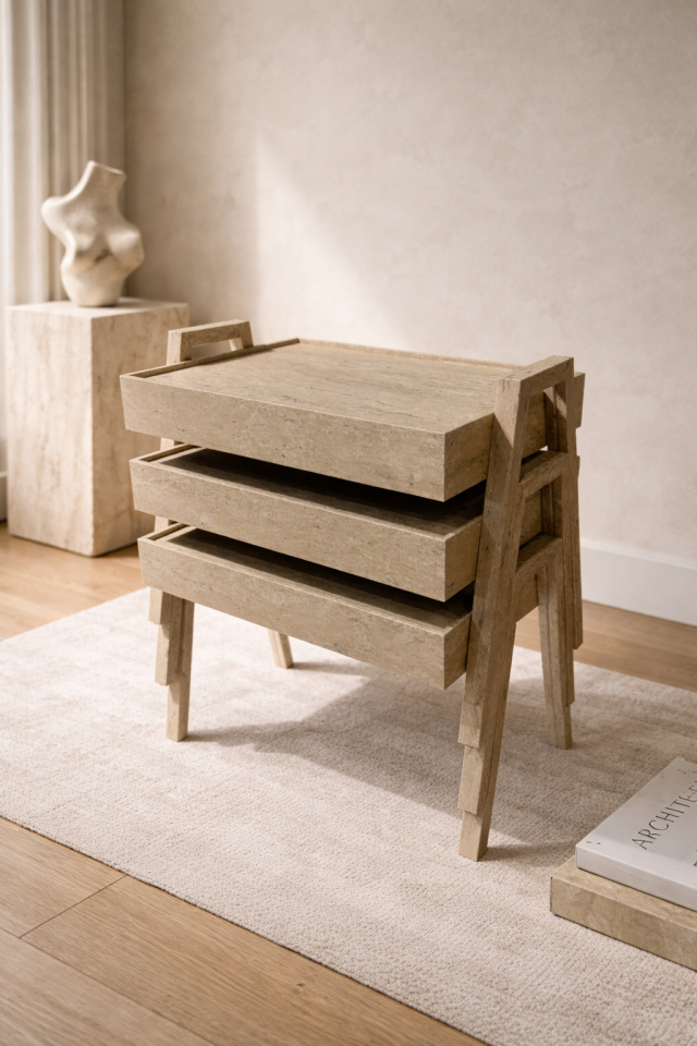 Tafo Traverten Desenli 3'lü Zigon Sehpa