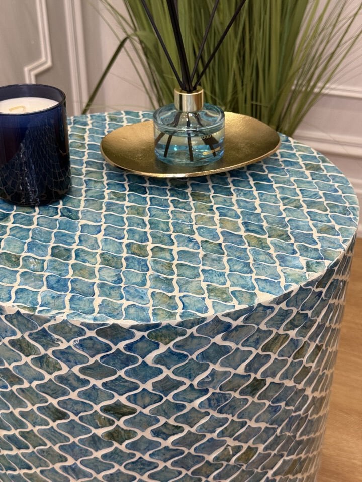Maris Sedef  Doğal Kaplama Lüks El İşçiliği Yan Sehpa / Tabure 40x40 H:45