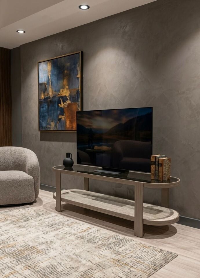 Valencia TV Ünitesi Cappucino Traverten Füme Cam 160x40