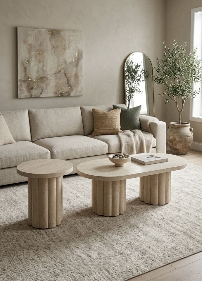Atina Traverten Orta-Yan Sehpa set 119x59-50x50