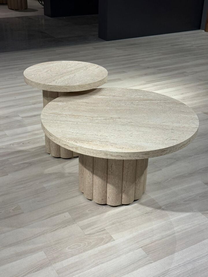 Atina Yuvarlak Traverten Orta-Yan Sehpa Set 79x79-50x50
