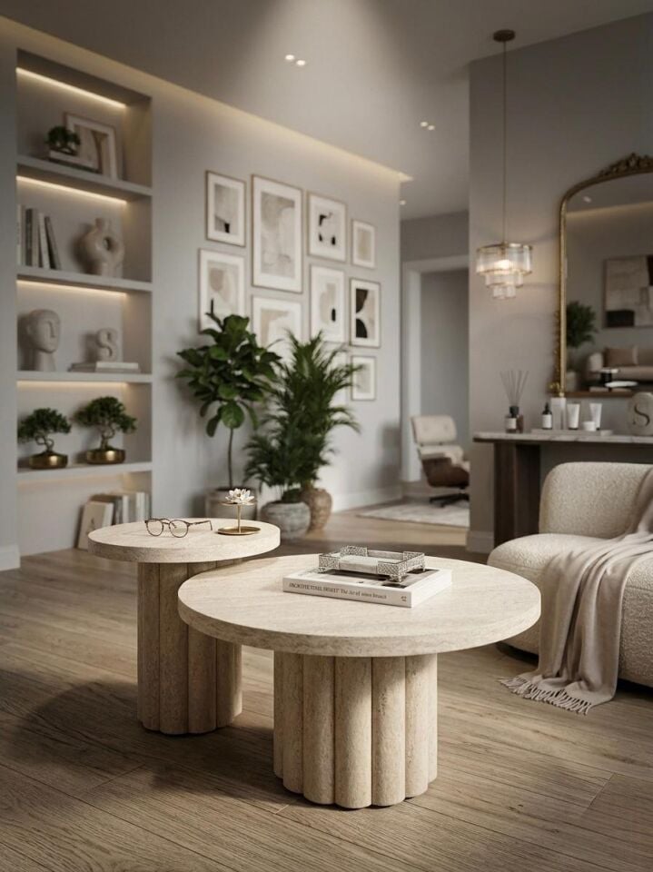 Atina Yuvarlak Traverten Orta-Yan Sehpa Set 79x79-50x50