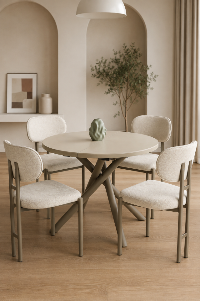 Duru Açılır Masa İtalyan Metal Ayak 100(+35) Çap Kum Beji Tabla-İtalyan Metal Ayak-Cappucino (Sadece Masa)