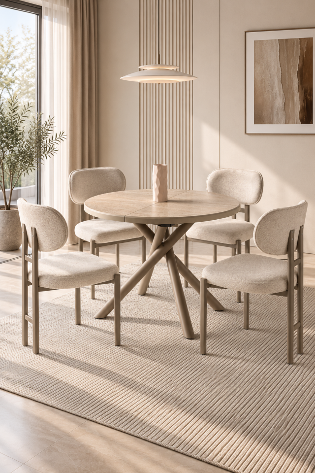 Duru Açılır Masa İtalyan Metal Ayak 100(+35) Çap Traverten Tabla-İtalyan Metal Ayak-Cappucino (Sadece Masa)