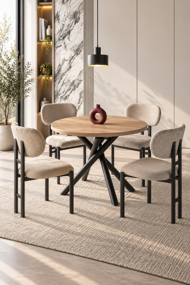 Duru Açılır Masa İtalyan Metal Ayak 100(+35) Çap Meşe Tabla-İtalyan Metal Ayak-Siyah (Sadece Masa)