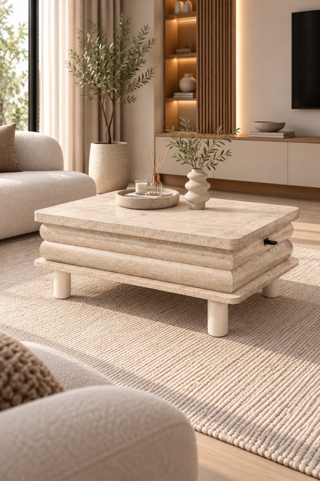 Eleganza Sihirli Orta Sehpa Açılır Mekanizmalı Full Traverten 90x60, H: 36