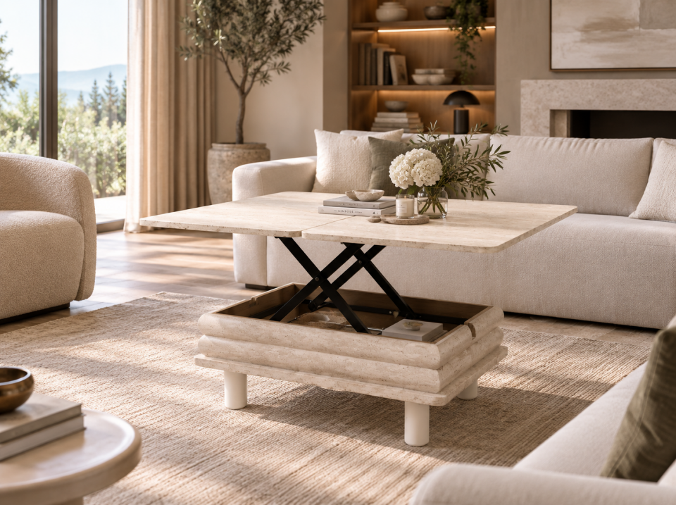 Eleganza Sihirli Orta Sehpa Açılır Mekanizmalı Full Traverten 90x60, H: 36
