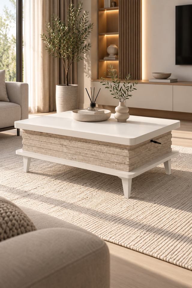 Line Sihirli Orta Sehpa Açılır Mekanizmalı Aytaşı-Traverten 90x60, H: 36